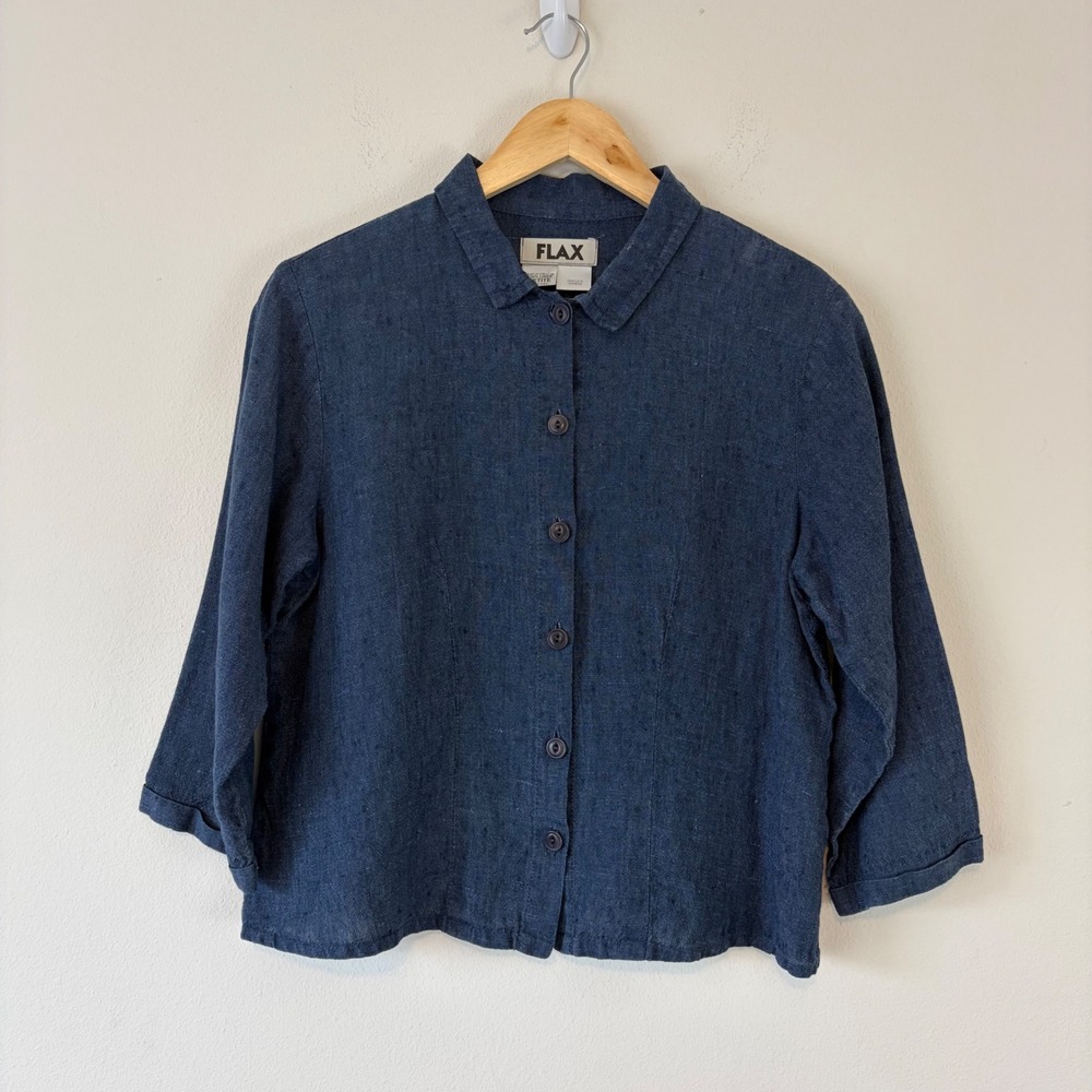 FLAX 100% Linen Boxy Button Down Shirt Blue Petite Sz XS/S Relaxed Lagenlook Top